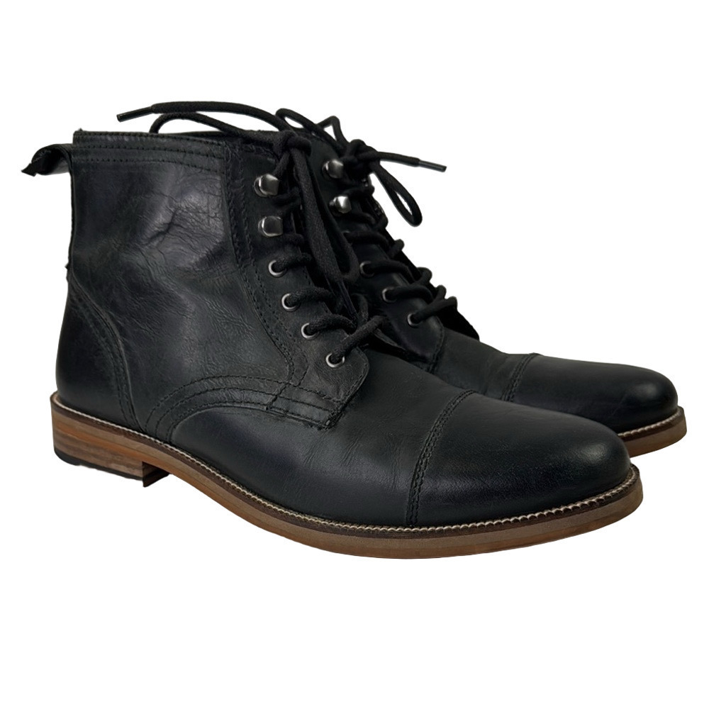 Crevo Men's Black Leather Lace Up Ankle Boots with Cap Toe size 10